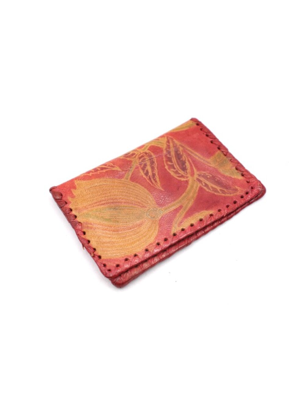 Floral Red Leather BiFold Wallet Snap Closure Pocket ID Card Window Pocket Size